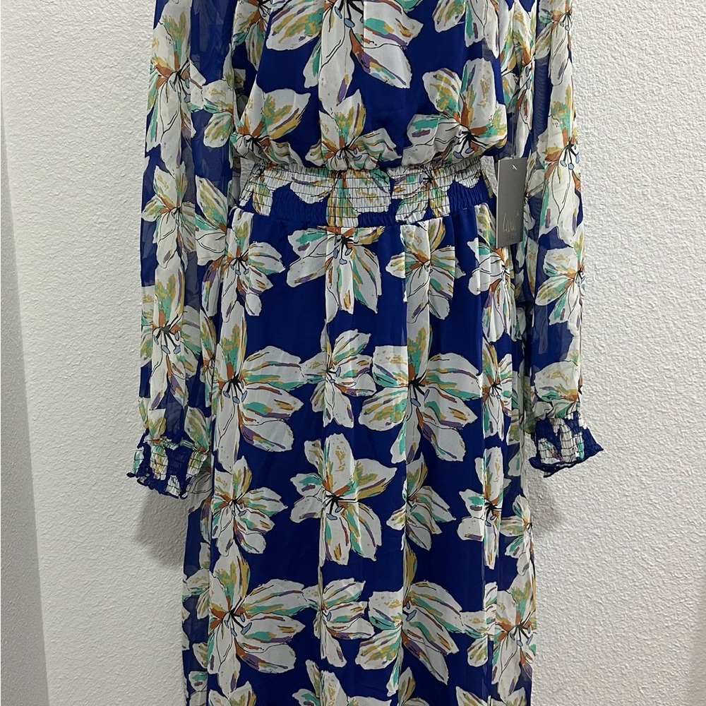 Blue and White Cowl Neck Sundress with Bishop Sleeves